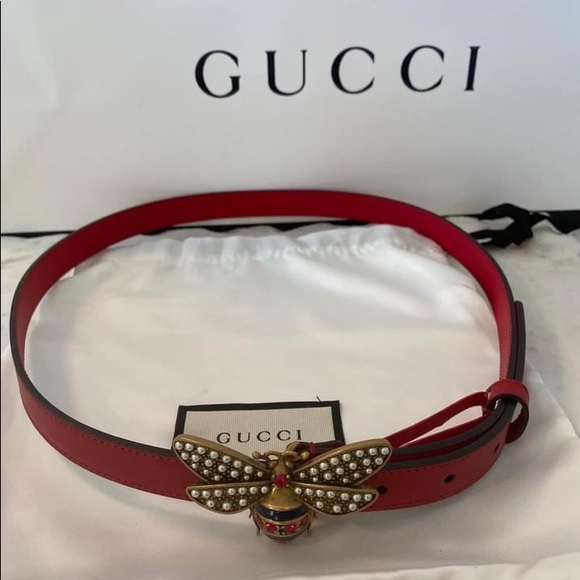 Gucci Accessories - Authentic Gucci red leather belt with a gorgeous jeweled golden bee buckle